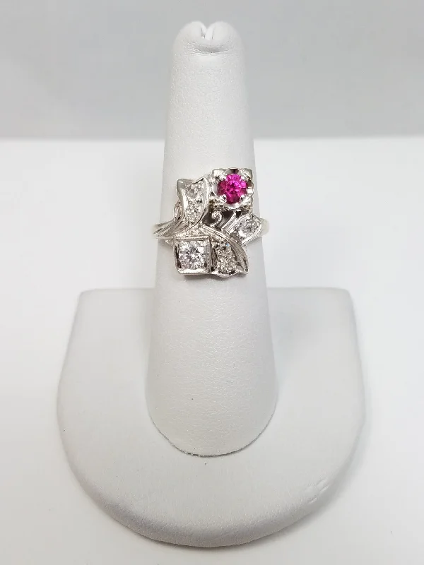 Large Gemstone Ring for Evening Wear-Dazzling Vintage 14k White Gold Synthetic Ruby Natural Diamond Wedding Ring