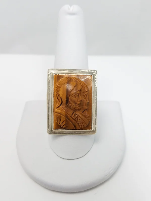 Gold Wedding Band with Diamonds-Large Vintage 10k Tricolor Gold Tiger Eye Cameo Ring