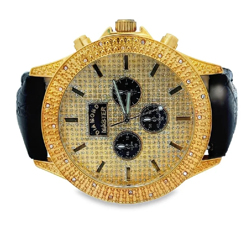 Elegant Leather Strap Watches for Men-.25 Carat Diamond Pave Watch w/ Leather Band