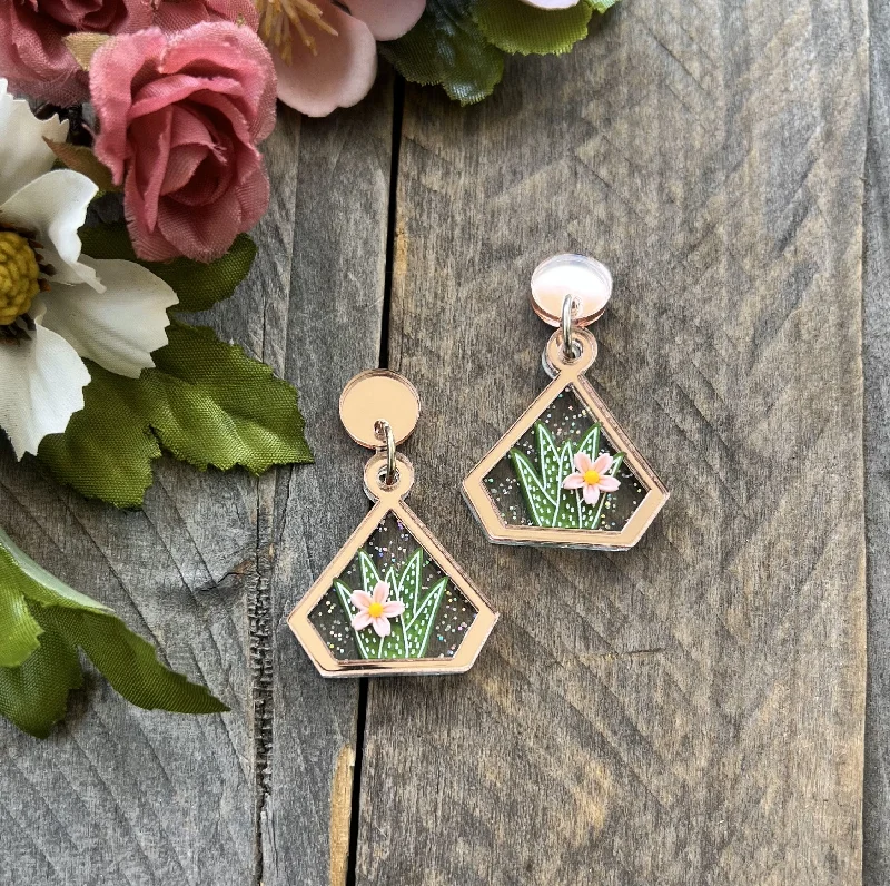 Gold Plated Drop Earrings-Aloe Terrarium Earrings Rose Gold