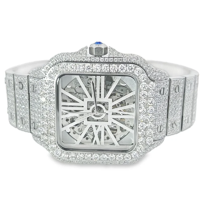 Elegant Watches for Formal Events-VVS Skeleton Moissanite Iced Out Auto Square Steel Watch