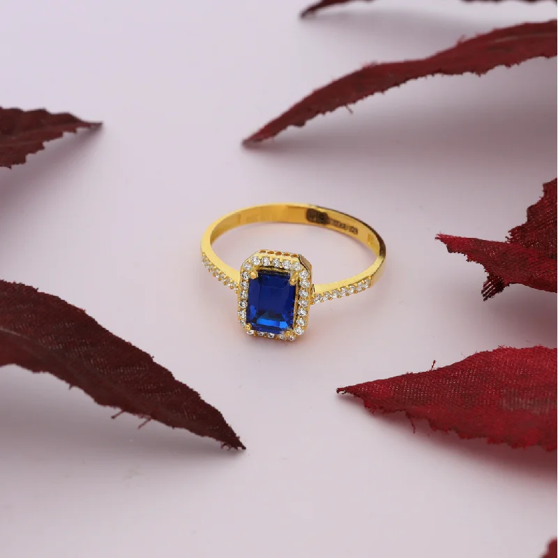 Personalized Gold Ring for Women-Gold Emerald Cut Blue Sapphire Zirconia Ring 18KT - FKJRN18K9229