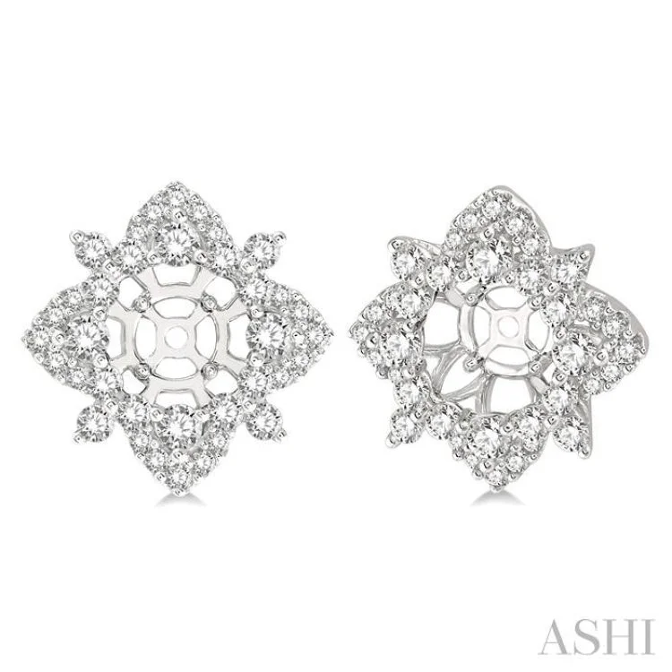 Elegant Gold Stud Earrings-1 1/3 Ctw Floral Round Cut Diamond Earrings Jacket in 14K White Gold