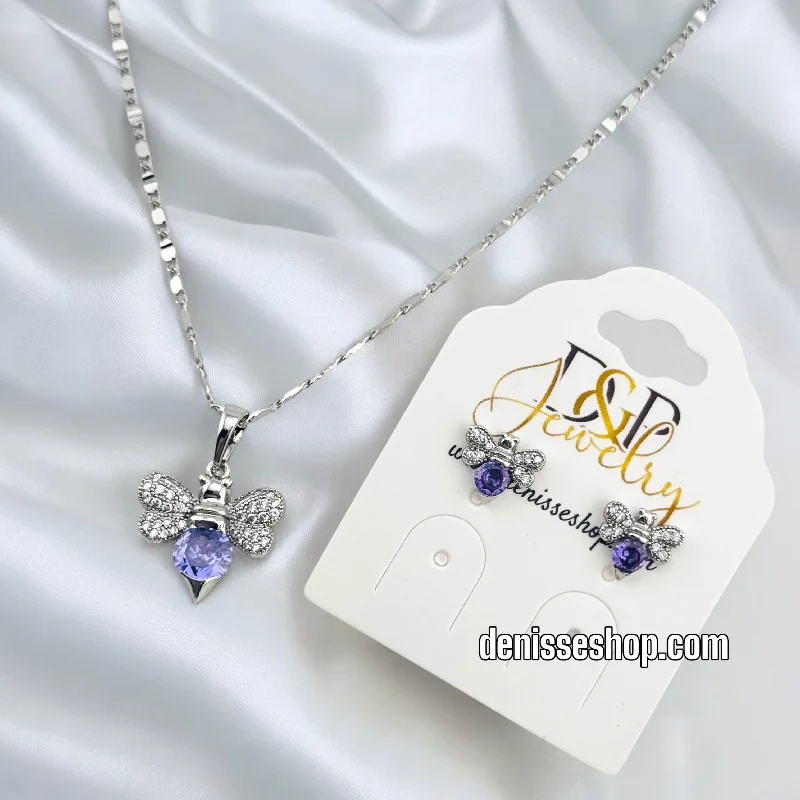 Minimalist Necklace for Every Day-WOMEN/GIRL FASHION SILVER PURPLE BEE NECKLACE SET N229