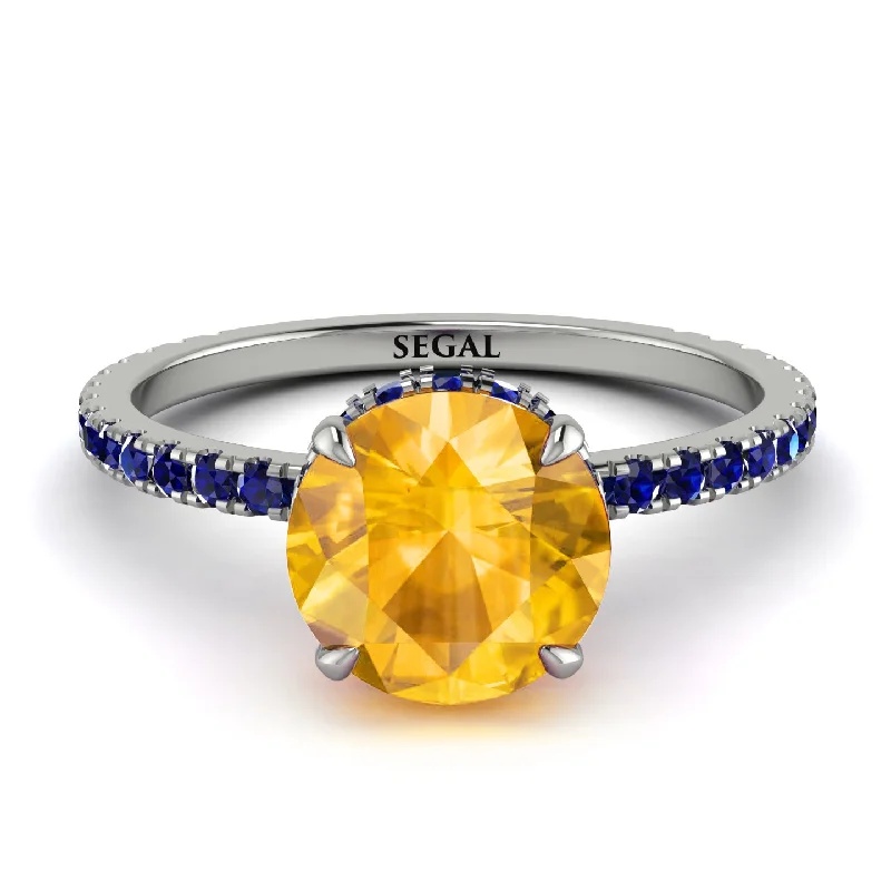 Elegant Silver Engagement Ring-Hidden Diamond Round Yellow Diamond Cat Claw Engagement Ring - Aurora No. 1015