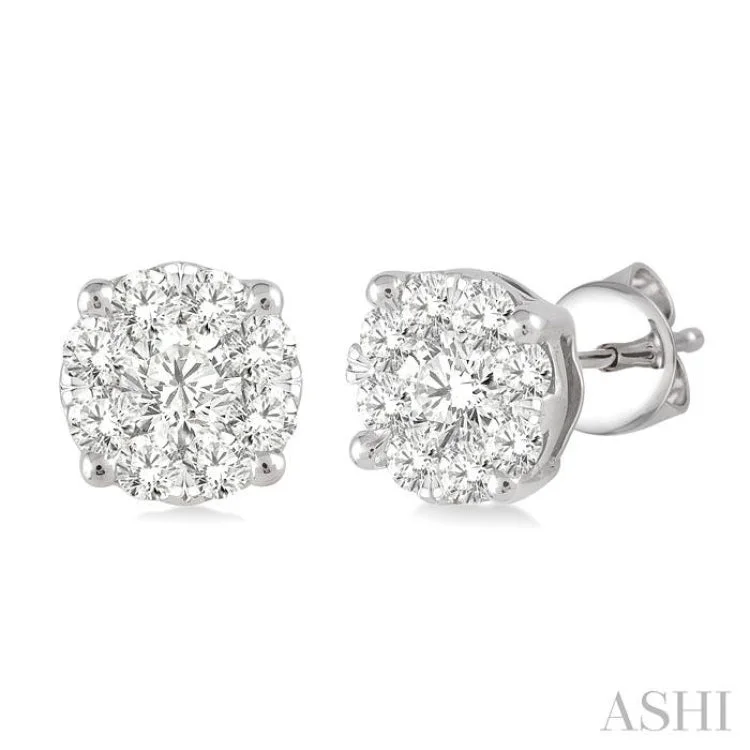 Flower Shaped Earrings-1 Ctw Round Cut Lovebright Diamond Stud Earrings in 14K White Gold