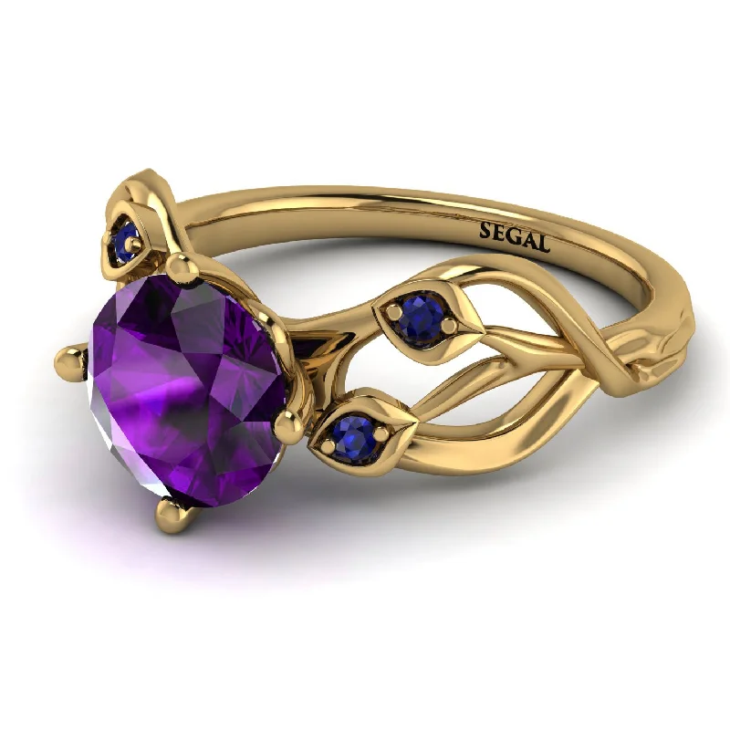 Designer Engagement Ring with Diamonds-Amethyst Blossom 14K Golden Nature Inspired Engagement Ring - Haley No. 313