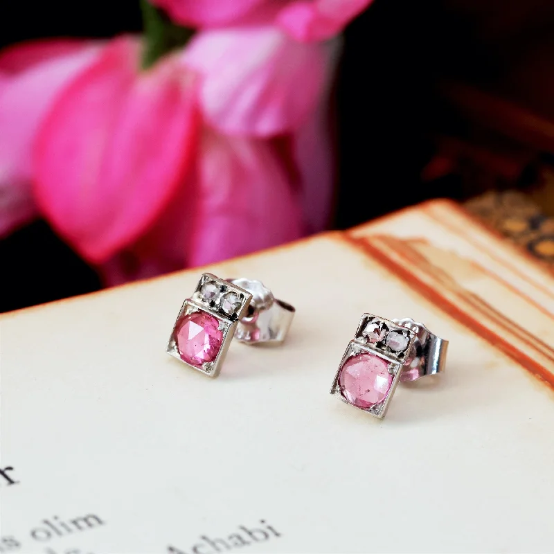 Unique Earrings for Every Day-Art Deco Pink Tourmaline & Diamond Stud Earrings