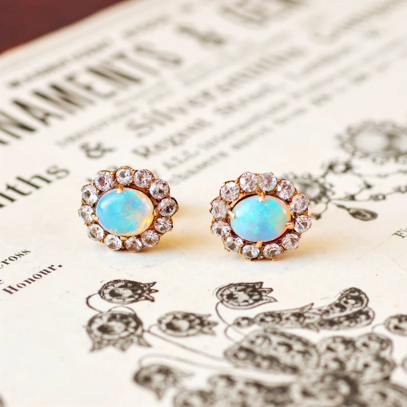 Colorful Gem Earrings-Vintage Opal & White Zircon Stud Earrings