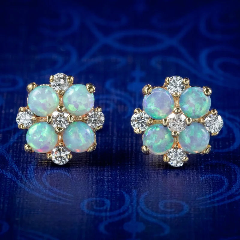 Statement Earrings for Special Occasions-Victorian Style Opal Diamond Cluster Stud Earrings 9Ct Gold 1.60Ct Opal