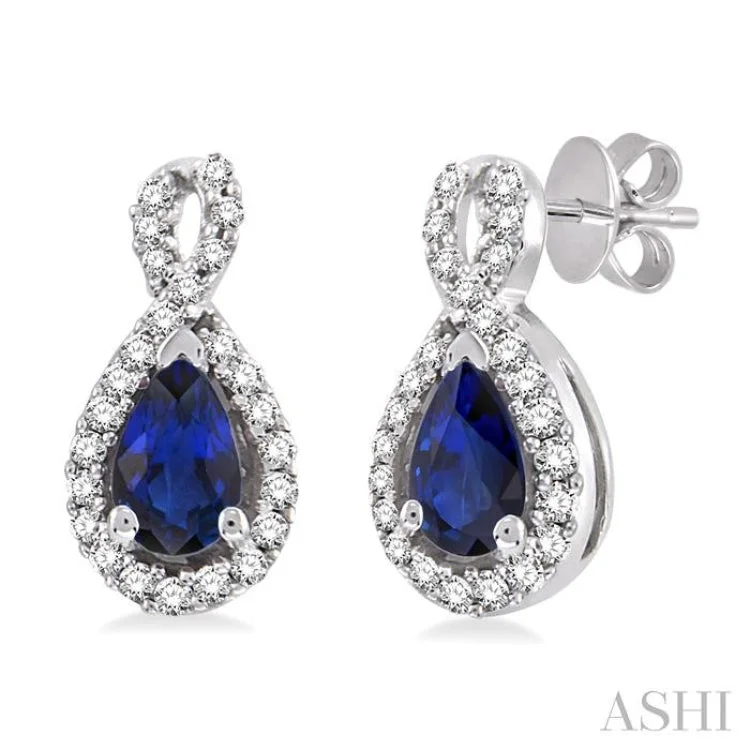 Casual Earrings for Summer Looks-5x3mm Pear Shape Sapphire and 1/6 Ctw Round Cut Diamond Earrings in 14K White Gold