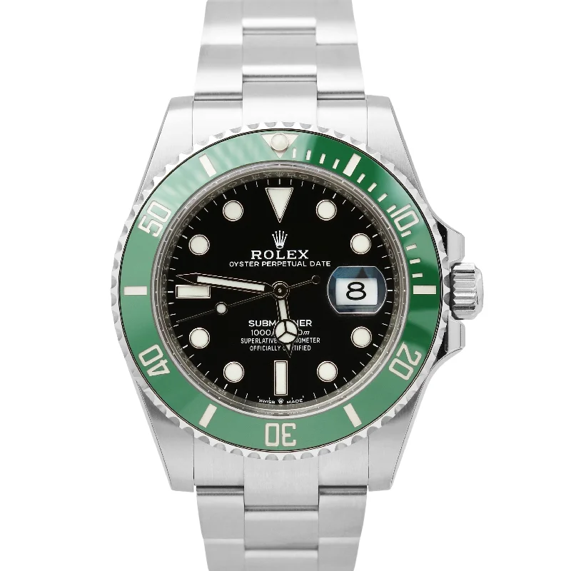 Designer Watches with Custom Engraving-NEW STICKERED 2022 Rolex Submariner 41mm Black Green KERMIT Ceramic 126610LV B+P