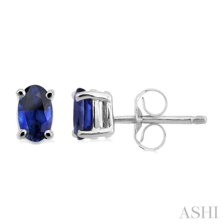 Luxury Silver Earrings for Women-5x3MM Oval Cut Sapphire Stud Earrings in 14K White Gold