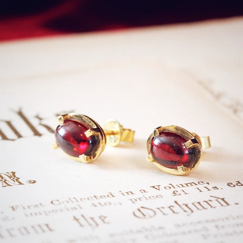 Silver Hoop Earrings-Modernist Styled Garnet Cabochon Stud Earrings