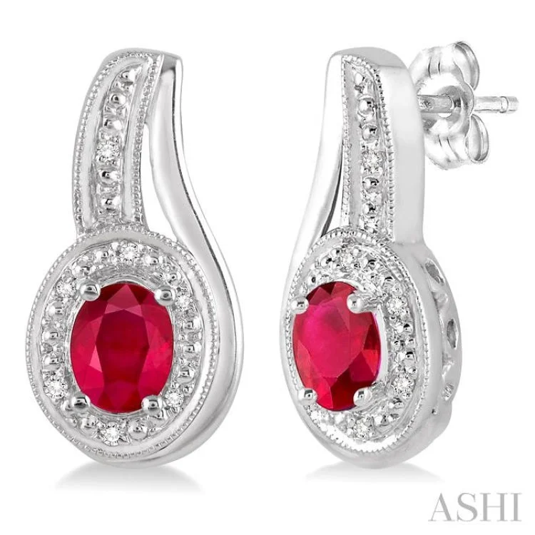 Ethnic Drop Earrings for Festivals-5x3 MM Oval Cut Ruby and 1/50 Ctw Round Cut Diamond Earrings in Sterling Silver