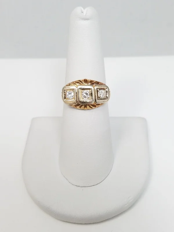 Vintage Engagement Ring for Special Day-Ornate Vintage 14k Yellow Gold Natural Diamond Three Stone Ring