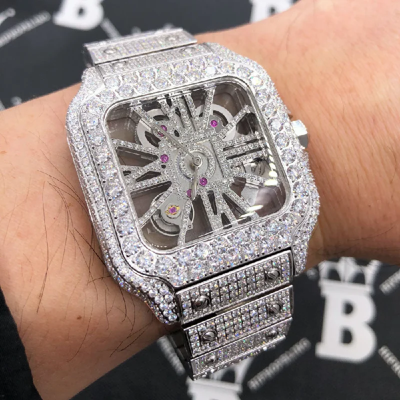 Eco-Friendly Solar Watches for Women-Moissanite VVS Skeleton Iced Out Baller Square Steel Watch