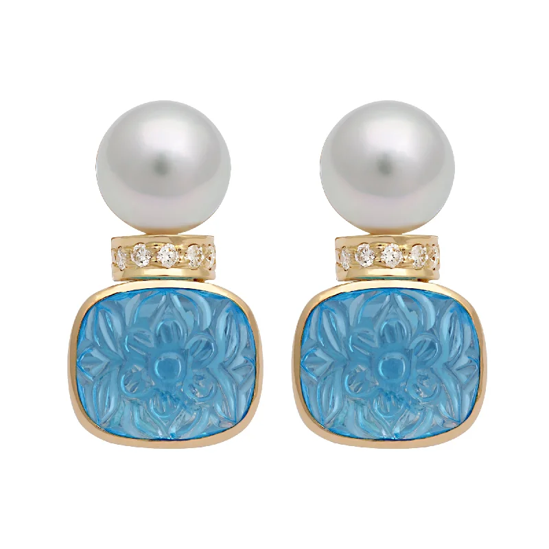 Bridal Earrings for Bride-to-be-Earrings - South Sea Pearl, Blue Topaz And Diamond