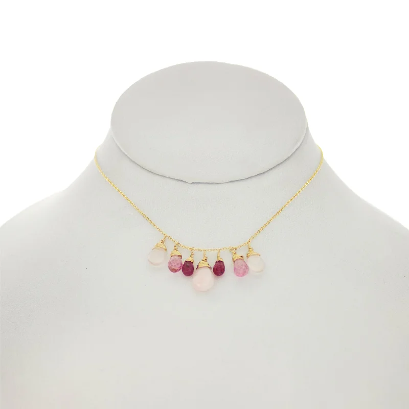 Simple Bead Necklace for Casual Looks-Rose Pompadour - Rubies, Pink Topaz, Rose Quartz Drops Dangle Necklace