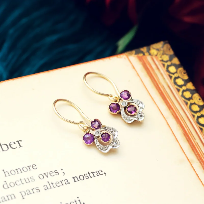 Butterfly Earrings for Girls-Pretty Antique Amethyst & Diamond Pansy Earrings