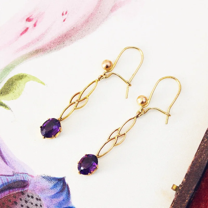 Handcrafted Silver Earrings-Vintage 9ct Gold Amethyst Drop Earrings