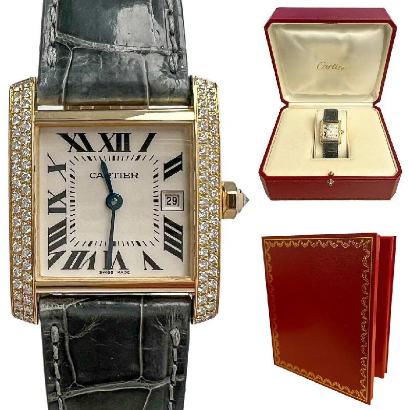 Eco-Friendly Watches with Wooden Straps-Cartier Tank Francaise 2466 18k Gold Diamond Bezel Green Strap Watch BOX PAPERS