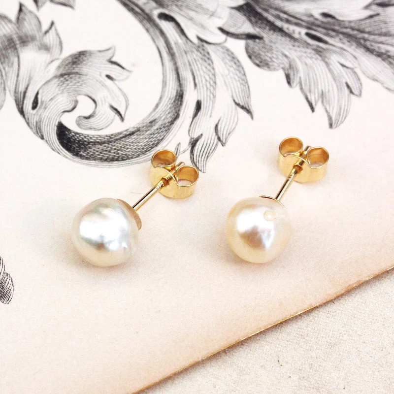 Cute Earrings for Everyday Wear-Vintage Freshwater Pearl Stud Earrings on 9ct Gold