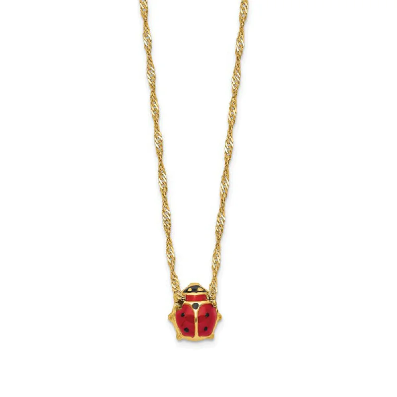 Gold Bar Necklace for Trendy Style-7mm 3D Ladybug 16 Inch Necklace in 14k Yellow Gold and Enamel