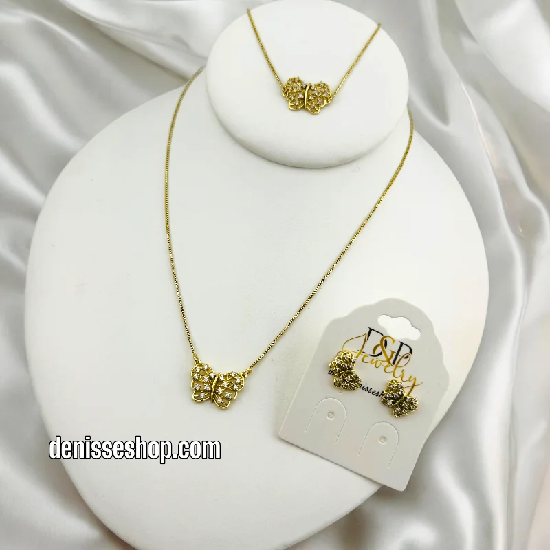 Long Silver Necklace for Women-14K BUTTERFLY WHITE STONE NECKLACE SET 18'' N209