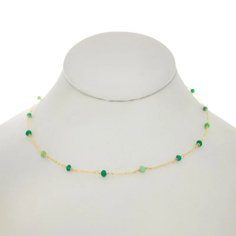 Choker Necklace with Charm-Jungle Green - Emerald, Chrysoprase, Green Onyx Between Chain Necklace