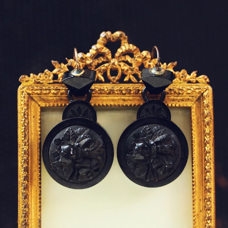 Simple Hoop Earrings for Casual Looks-Antique Victorian Whitby Jet Cameo Earrings