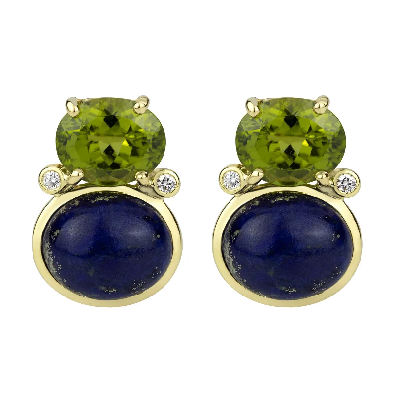 Multi-color Earrings for Fashionistas-Earrings - Peridot, Lapis Lazuli And Diamond