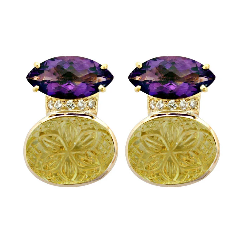 Elegant Gold Earrings for Brides-Earrings- Amethyst, Lemon Quartz And Diamond