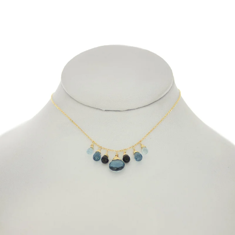 Beautiful Gold Necklace for Special Events-Shades of Blues/Black  - London Blue Topaz, Black Onyx Drop Dangle Necklace