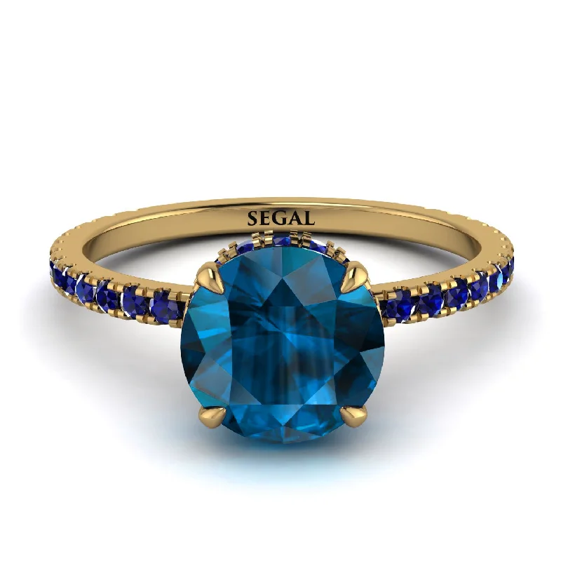 Luxury Gold Ring for Anniversary-Hidden Diamond Round Blue Topaz Cat Claw Engagement Ring - Aurora No. 513