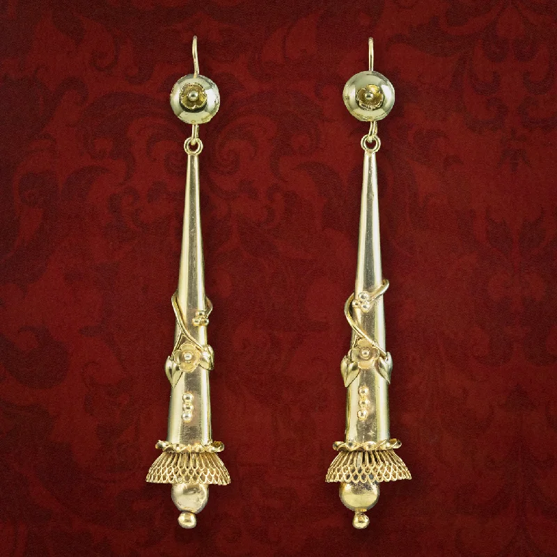 Crystal Earrings for Parties-Antique Georgian Floral Drop Earrings Pinchbeck 18ct Gold Gilt