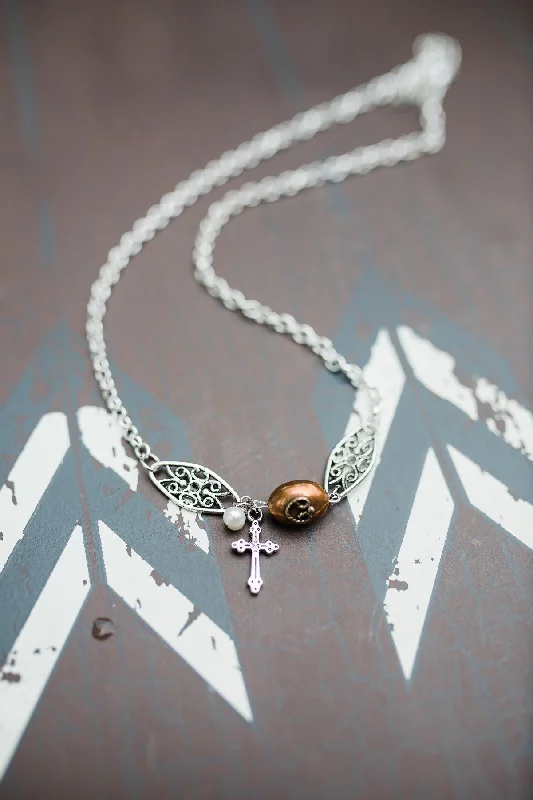 Custom Birthstone Necklace for Family Gifts-Copper Filigree Cross Necklace