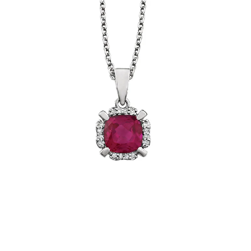 Statement Necklace with Gemstones-Cushion Created Ruby & Diamond Necklace in 14k White Gold, 18 Inch