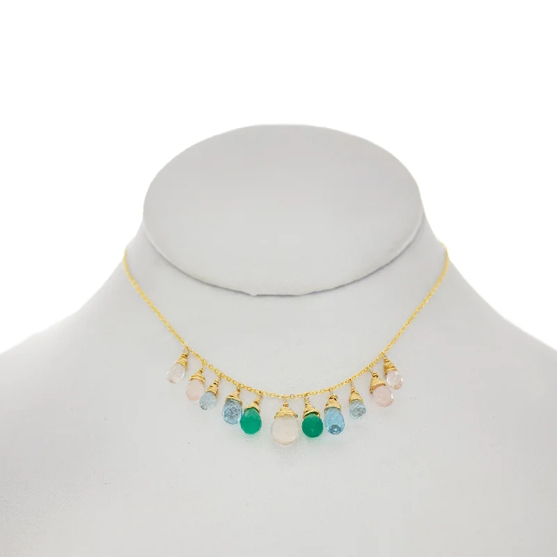 Gold Necklace with Crystal Pendant-Sage Rose  - RoseQuartz, Green Onyx, Topaz, Apatite, Aquamarine Drops Necklace