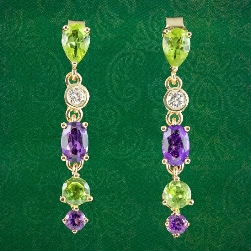 Colorful Stone Earrings-Edwardian Suffragette Style Drop Earrings Amethyst Peridot Diamond