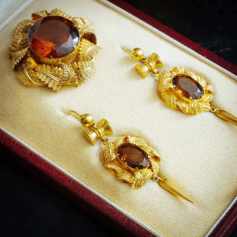 Pearl Stud Earrings for Brides-Pristine Victorian Gold Work Citrine Earrings & Brooch