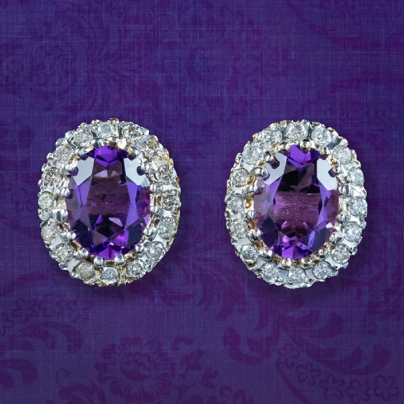 Rainbow Earrings for Festivals-Victorian Style Amethyst Diamond Cluster Stud Earrings 9ct Gold