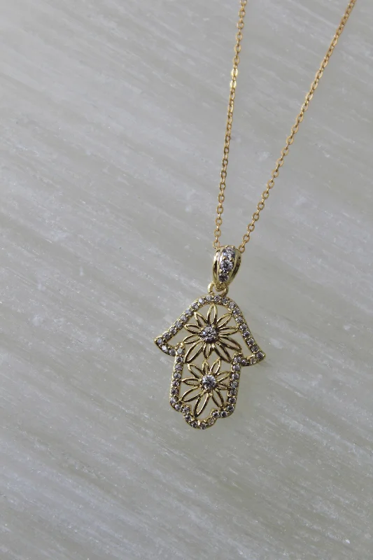 Gold Necklace with Crystal Pendant-Floral Hamsa Necklace