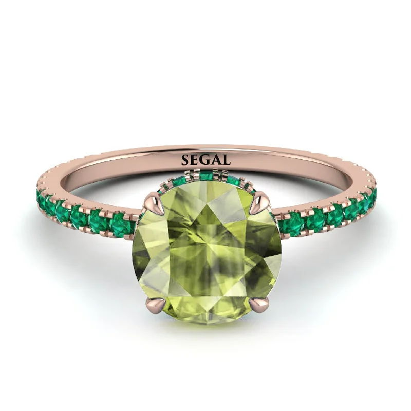 Elegant Gold Ring for Brides-Hidden Diamond Round Peridot Cat Claw Engagement Ring - Aurora No. 705