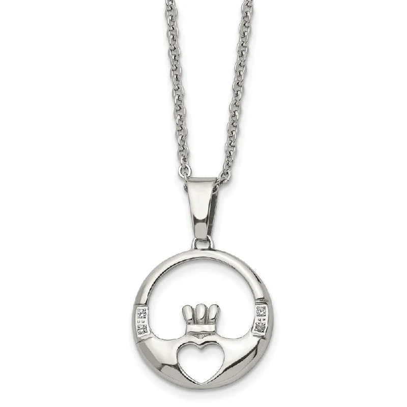 Elegant Statement Necklace for Parties-Stainless Steel and Cubic Zirconia Claddagh Pendant Necklace - 20 Inch