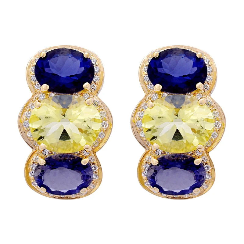 Classic Pearl Earrings for Brides-Earrings- Iolite, Lemon Quartz and Diamond