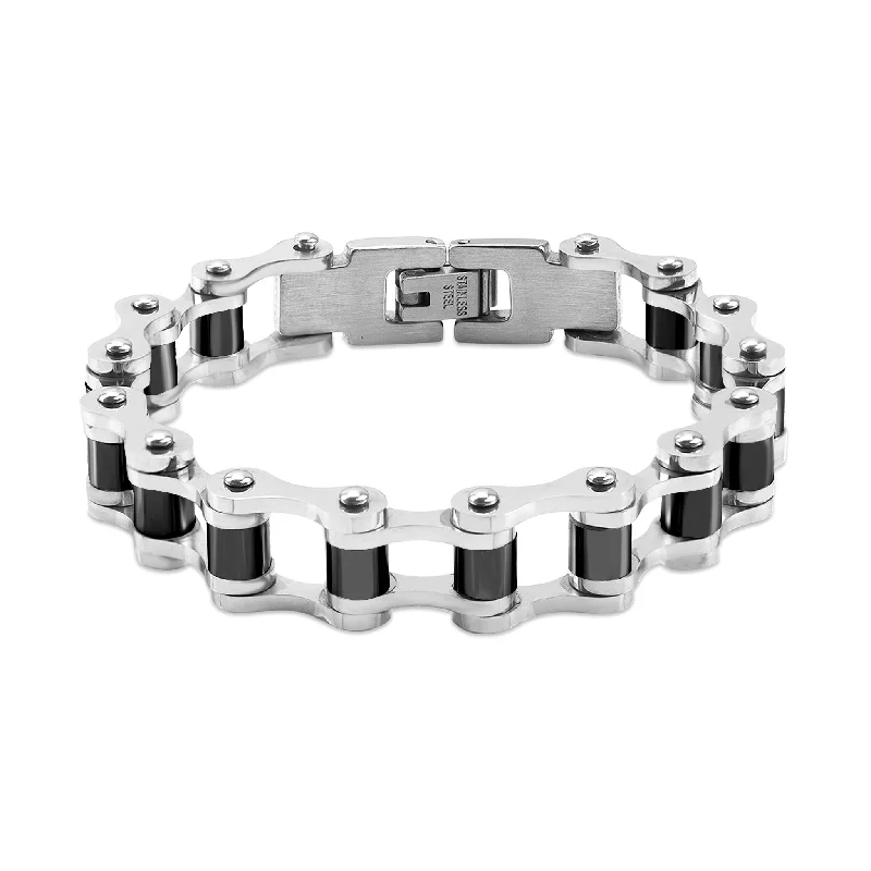 Simple Pearl Bracelet for Wedding Wear-Stainless Steel And Black Bike Chain Bracelet / BRJ2071