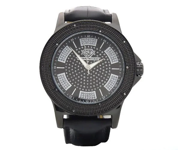 Men's Sporty Watches with Digital Display-Black Super Techno Watch .10ct Real Diamonds Leather