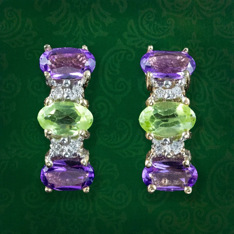 Handcrafted Silver Earrings-Edwardian Suffragette Style Earrings Amethyst Peridot Diamond 9ct Gold