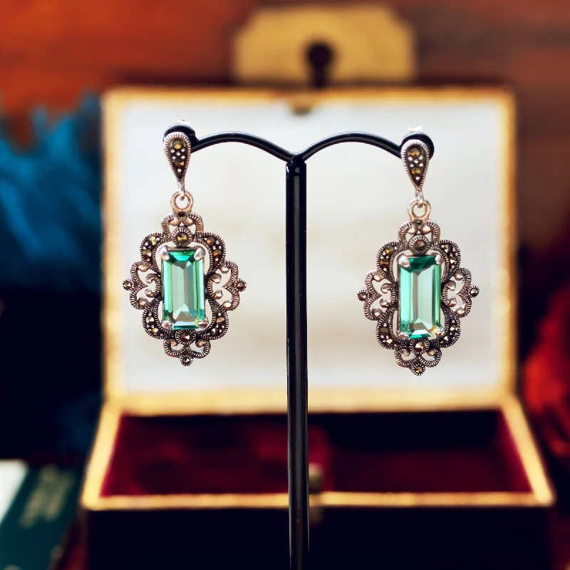 Elegant Pearl Earrings-Vintage Style Green Quartz & Marcasite Drop Earrings